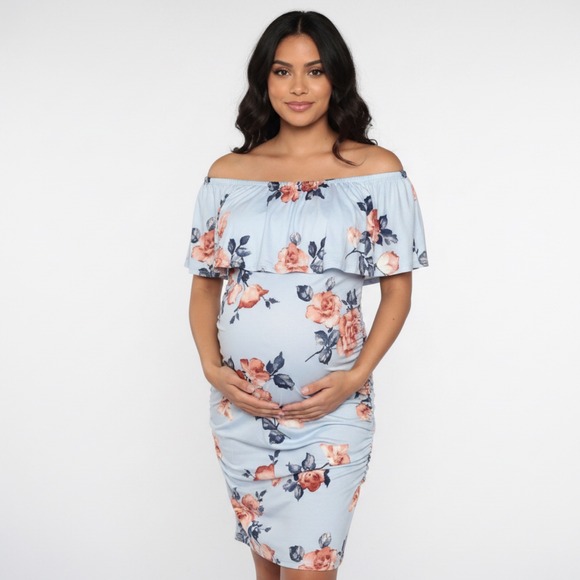 Pinkblush Dresses & Skirts - PinkBlush Maternity Dress Sz Small Blue Floral Off Shoulder Ruched